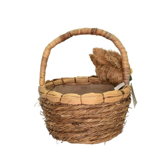 Natural Basket with 2 Sisal Bunny Rabbits Handled Easter Basket Farmhouse Spring - Picture 2 of 5